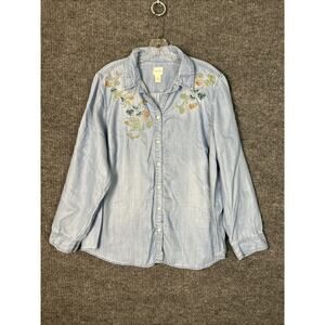 Chicos 3 Womens Blue Chambray Button Up Shirt Sz XL Floral Embroidered Bohemian